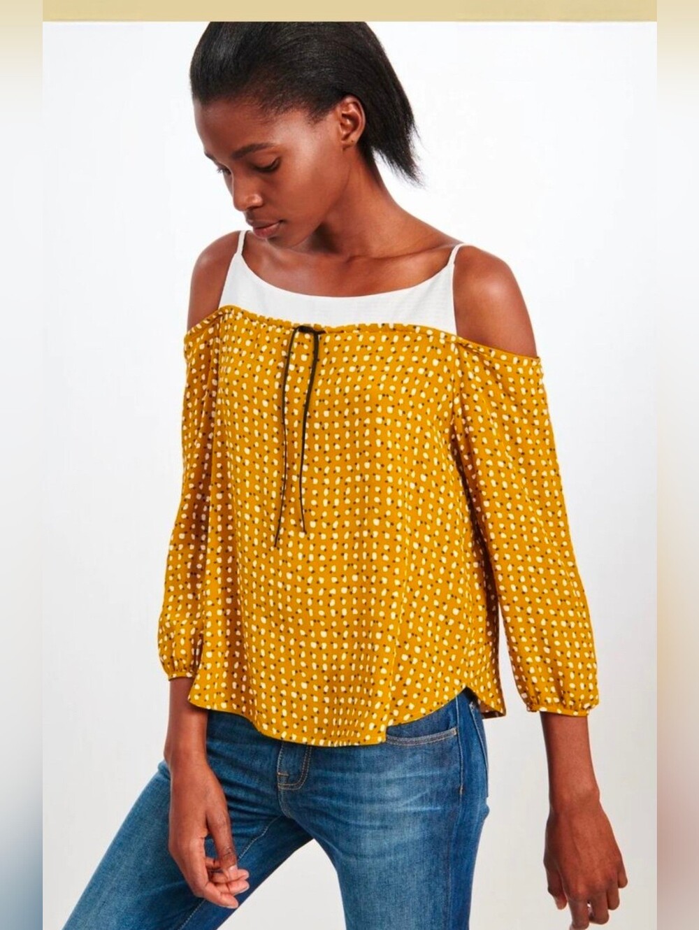 Cop.Copine OMARA Mustard Polka Dot Cold-Shoulder Women's Top Sz S Taille 36